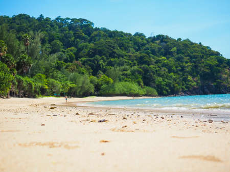 foregrond sand and backgrond cape with tree on the beach, soft blue wave and skyの写真素材