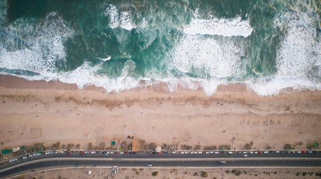 Aerial view of the beach and ocean waves. Drone photography.の写真素材