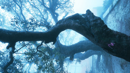 Branch of a tree in a misty forest, 3d renderの写真素材