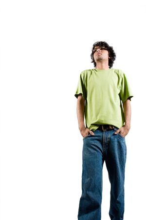 Man on white background looking at target and think something positively の写真素材