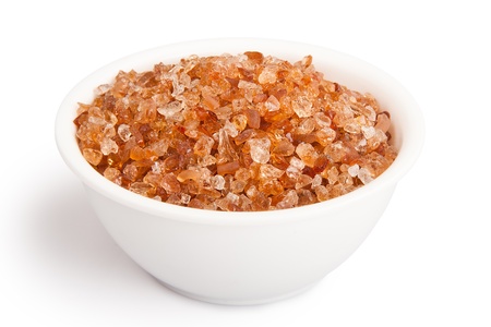 Pile of tragacanth or dry gum in plastic bowl isolated over whiteの写真素材