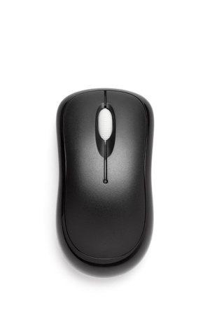 Close up of black wireless mouse isolated over white , top viewの写真素材