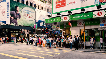 View of busy street and shops Kimberley Road Hongkong China 22 june 2013のeditorial素材