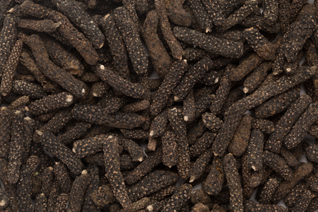 Organic Long pepper Dried Fruit Piper longum closeup background texture.の写真素材