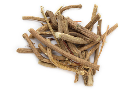 Organic dry barks of Indian Jalap or Nishodh (Operculina turpethum) isolated on white background. Macro close up. Top view.の写真素材