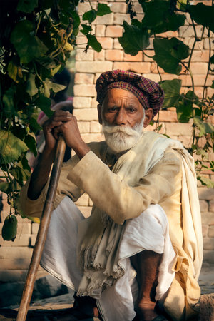 Portrait of Indian Old man  with white moustache and beard   in a village.のeditorial素材