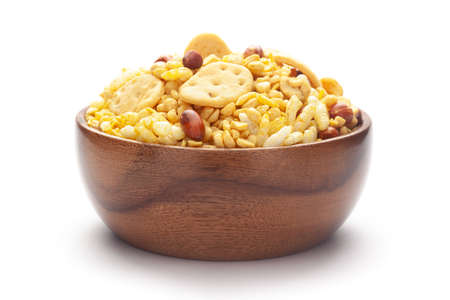 Close up of Bhel puri Indian namkeen (snacks) In hand-made (handcrafted) wooden bowlの写真素材