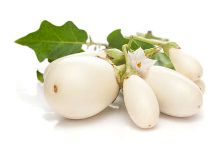 Close-up of organic white fresh eggplant or brinjal with leaf ( Solanum melongena)  isolated over white backgroundの写真素材
