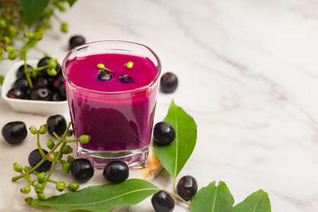 Close-Up of Shake or pulp or juice of Indian Ayurvedic medicinal fresh organic fruit jamun (Syzygium Cumini) with its seeds plum ( jamun seeds are kind of Ayurvedic herb for diabetes)の写真素材