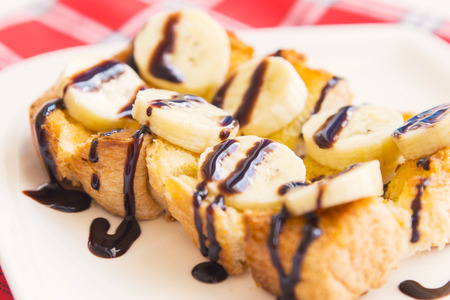 Toast with Sliced Bananas and Chocolate - close upの写真素材