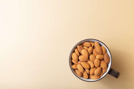 Brown almond in a coffee mug with free copy space.の写真素材