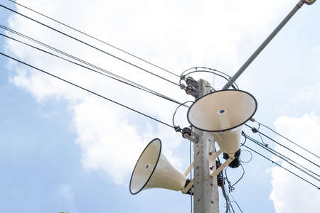 A radio station was installed on an electric pole in a rural village. For use in public relations news Let people knowの写真素材