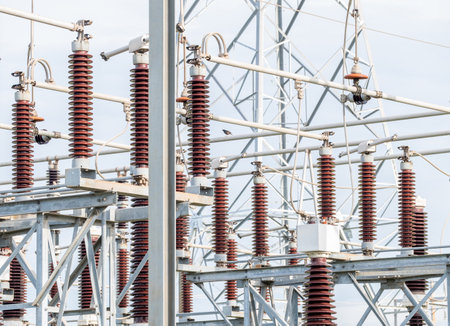 Many high voltage electrical insulators in power substation ,Energy supply to the communityの写真素材