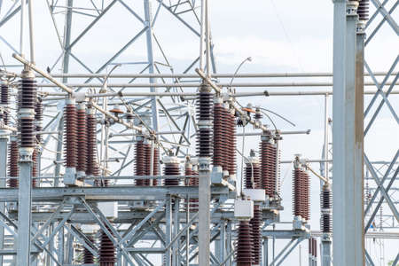 Many high voltage electrical insulators in power substation ,Energy supply to the community