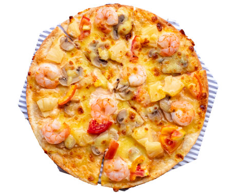 Top view of Hawaiian thin crust pizza, shrimp, pineapple, mushroom,champignon muchroom on white paper isolate on white background clipping path includeの写真素材