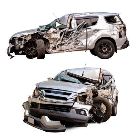 Full body side view of silver bronze car get full damaged by accident on the road. damaged cars after collision. Isolated on transparent background , PNG Fileの写真素材