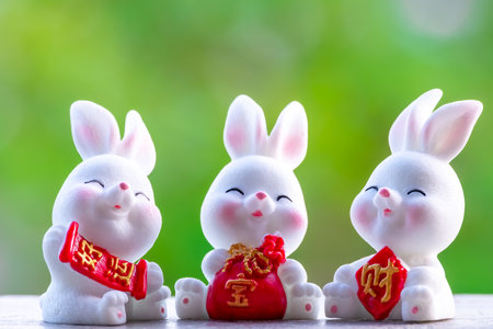 Three cute Chinese bunnies doll holding a red money bag and smile with green nature blurred background.の写真素材