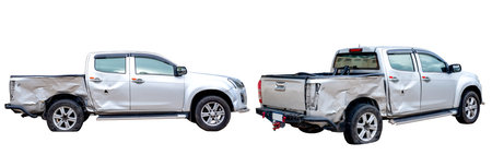 Set of Side view of gray or bronze pickup car get damaged by accident on the road. damaged cars after collision. isolated on white background with clipping pathの写真素材