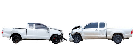 Set of Side view of white pickup car get hard damaged by accident on the road. damaged cars after collision. isolated on white background with clipping pathの写真素材
