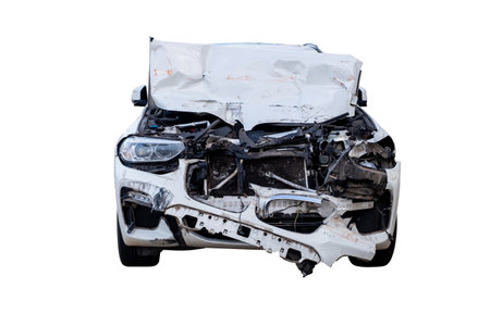 Full body front view of white car get damaged by accident on the road. damaged cars after collision. Isolated on white background with clipping path, car crash broken,insurance accident and destroyの写真素材