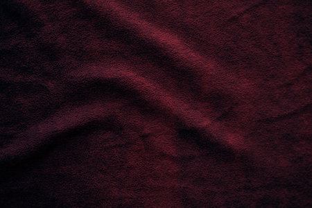 Blurred of dark red silk satin. Soft folds. Fabric. red luxury background. Space for design. Wavy lines. Banner. Flat lay, top view table. Beautiful. Elegant. Birthday, Christmas, Valentine's Day.の写真素材