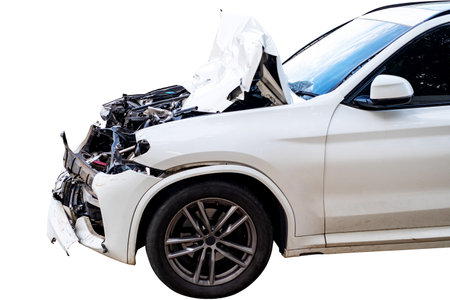 Front and side view of white car get damaged by accident on the road. damaged cars after collision. Isolated on white background with clipping path, car crash brokenの写真素材