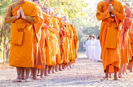 Buddhist monk is standing with his hands folded in the shape of a lotus to perform some religious ritual, uniform buddhist monk, Buddhist monk prayingの写真素材