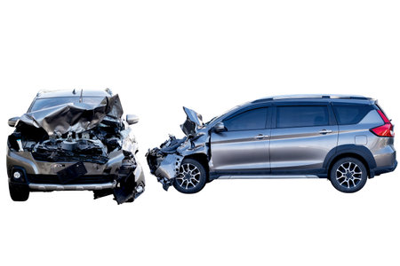 Car crash, Full body ofbronze car get damaged by accident on the road. damaged cars after collision. isolated on white background with clipping path, car crash bumper graphic design elementの写真素材