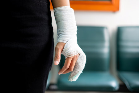 Woman's hand wrapped in white bandage from accident, injury, accident insurance, soft splint on...