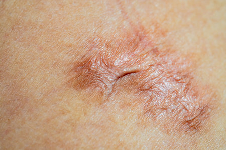 Close up of keloid scar caused by surgery or scars from wounds, skin imperfections or defects. Scar...