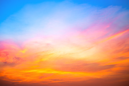 Sky, Beautiful sunset view, soft gradient orange gold clouds and sunlight on the blue dramatic sky...