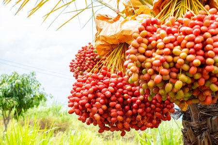 Fresh ripe red dates hanging in large clusters on a date palm tree, ready for harvest. Vibrant...