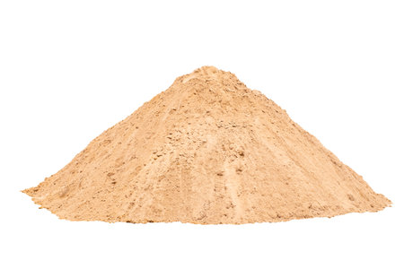 Pile of sand isolated on white background, construction material for building, concrete mortar and landscaping projects, natural texture for industry, architecture and design resources, clippin pathの写真素材