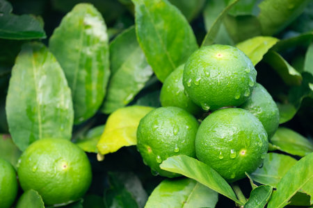 Green lemons is citrus  fruits on a branch with nature background. Green Lemons tree in the garden with daylight. Fresh green lime fruit hanging from branch.の写真素材