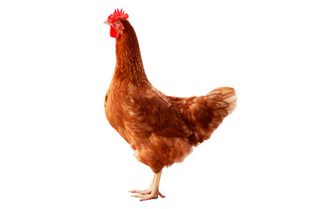 Chicken, Full body of orange and brown chicken hen standing isolated on white background with clipping path, Laying hens farmers concept.の写真素材