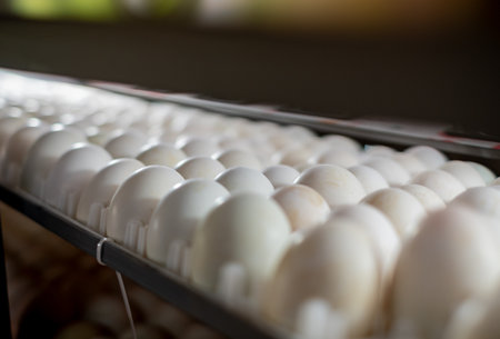 Close up of duck eggs in an incubator, arranged neatly on trays for hatching process. Concept of poultry farming, incubation technology, agriculture, and food production industry.の写真素材