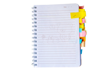 Notebook filled with colorful sticky notes and tabs for study and organization. The cover shows a...
