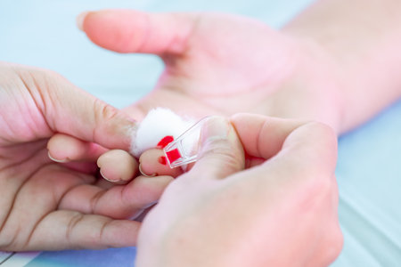 Close up of a healthcare professional using a lancet to prick a patientâs fingertip for a blood test. Medical procedure for glucose check, diabetes test, or health examination in clinic.の写真素材