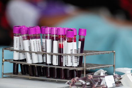 Close up of blood samples in test tubes with purple caps arranged in a metal rack at a laboratory. Medical analysis and health testing concept for diagnosis, research, and clinical examination.の写真素材