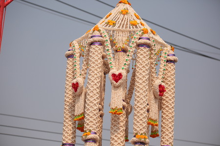 Garlands made of popped Marchers to worship the faith of the Prophet by Buddhists in Thailand, Yasothon.の写真素材