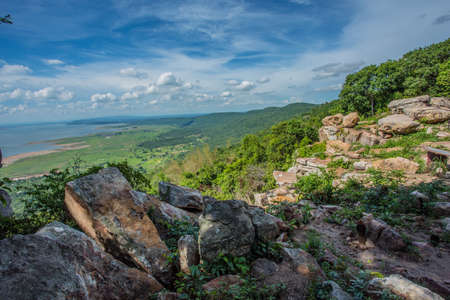 Nature backgrounds/Dramatic clouds and river with mountain and tree: Hin chang si view piont at Nam phong national park khon kaen province Thailand.の写真素材