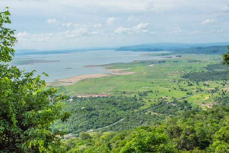 Nature backgrounds/Dramatic clouds and river with mountain and tree: Hin chang si view piont at Nam phong national park khon kaen province Thailand.の写真素材