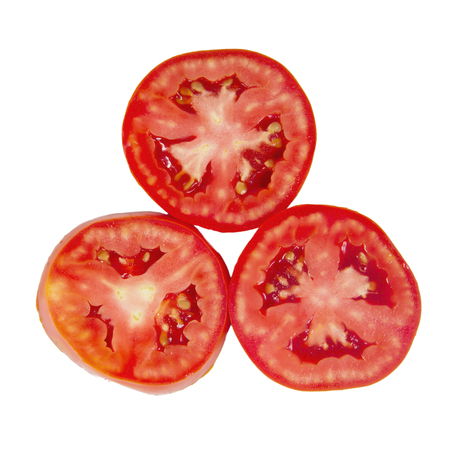 Tomato slice isolated on white background, top viewの写真素材