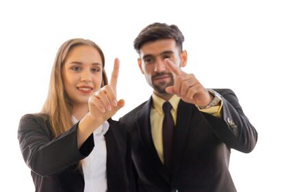 Two business men and women get a finger Isolated on a white background