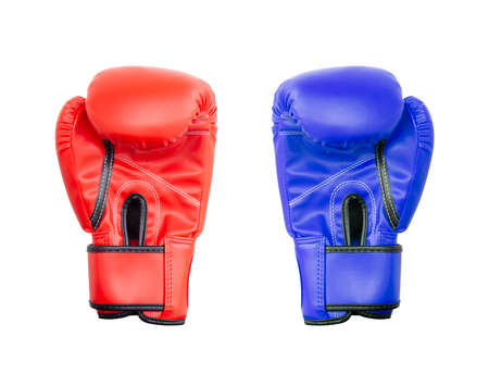 Boxing gloves Red and Blue hitting together isolated on white background.の写真素材