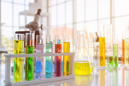 Chemical reagent bottles, scientific experiment bottles of various shapes, sizes and microscopes on the tableの写真素材