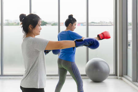 Two middle-aged Asian women doing boxing exercises in the gym.の写真素材