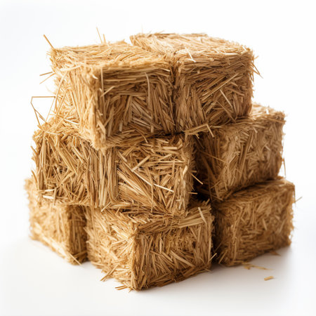 A heap of square straw briquettes isolated against a white background.の素材