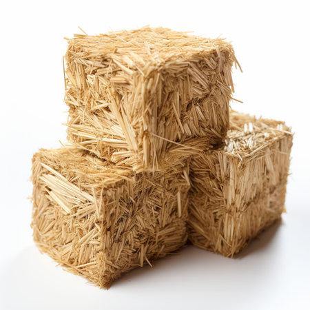 A heap of square straw briquettes isolated against a white background.の素材
