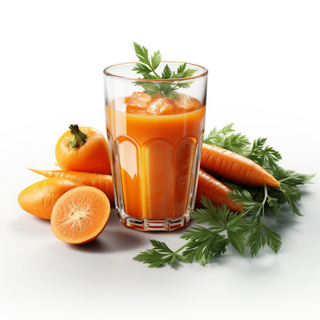 Carrots and carrot juice on white background. Generative AI.の素材